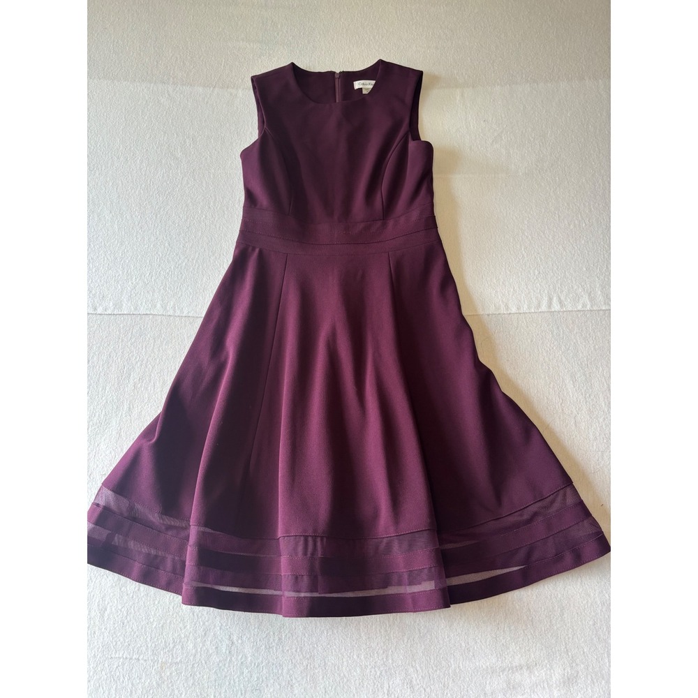 Calvin Klein Plum Purple Fit and Flare Dress Sleeveless Mesh Hem Petite 2P
